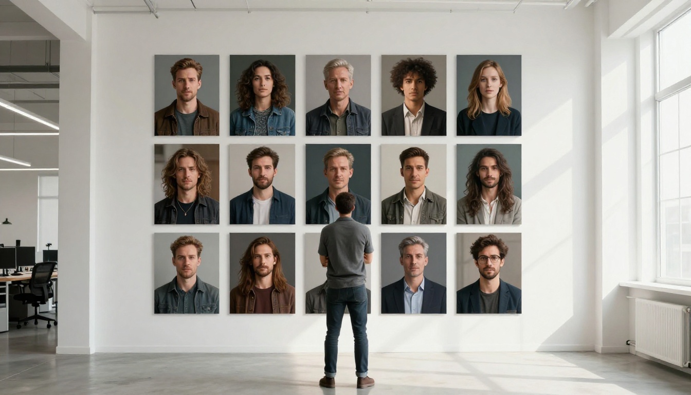 Creative team reviewing consistent AI portrait prints on studio wall