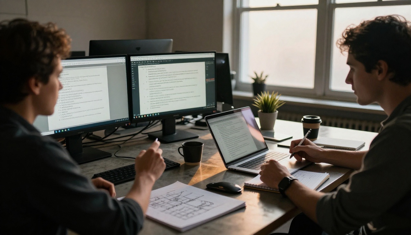 Two professionals reviewing AI workflow outputs on split-screen monitors in a modern studio office