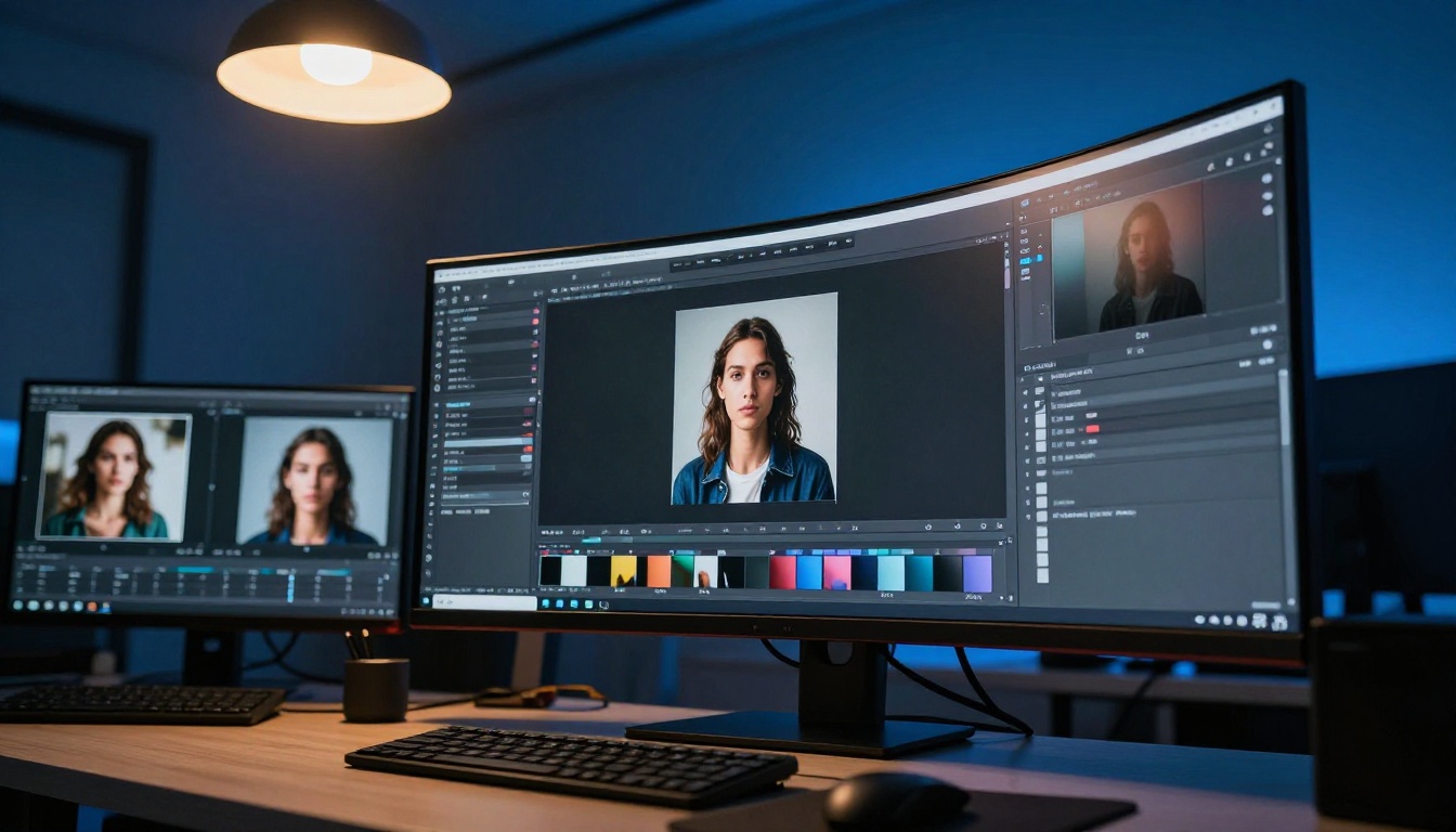 Advanced image editing interface with inpainting tool on curved monitor