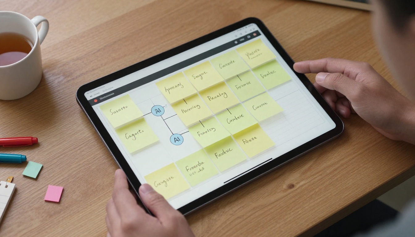 Close-up overhead view of a tablet displaying AI workflow stages with color-coded sticky notes and a handwritten flowchart