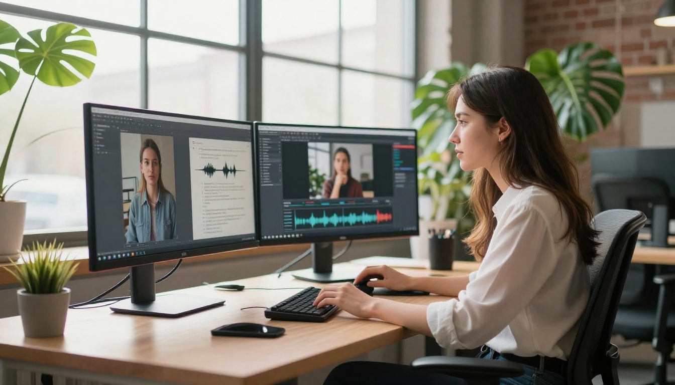 A creative professional woman working at a multi-monitor setup in a bright coworking space with various AI tool interfaces displayed across the screens A creative professional woman working at a multi-monitor setup in a bright coworking space with various AI tool interfaces displayed across the screens