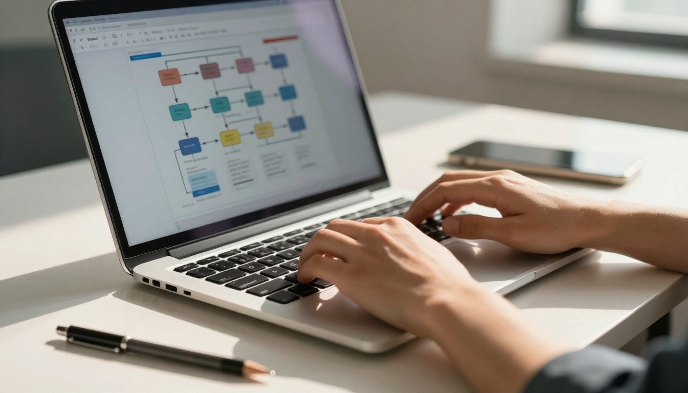 Person typing at a laptop displaying a data pipeline diagram in a modern office with afternoon light cutting across the desk surface
