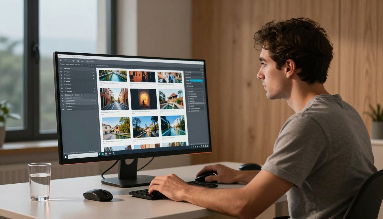 A man in his 30s reviewing a grid of AI-generated images on an ultra-wide curved monitor in warm side-lit studio lighting