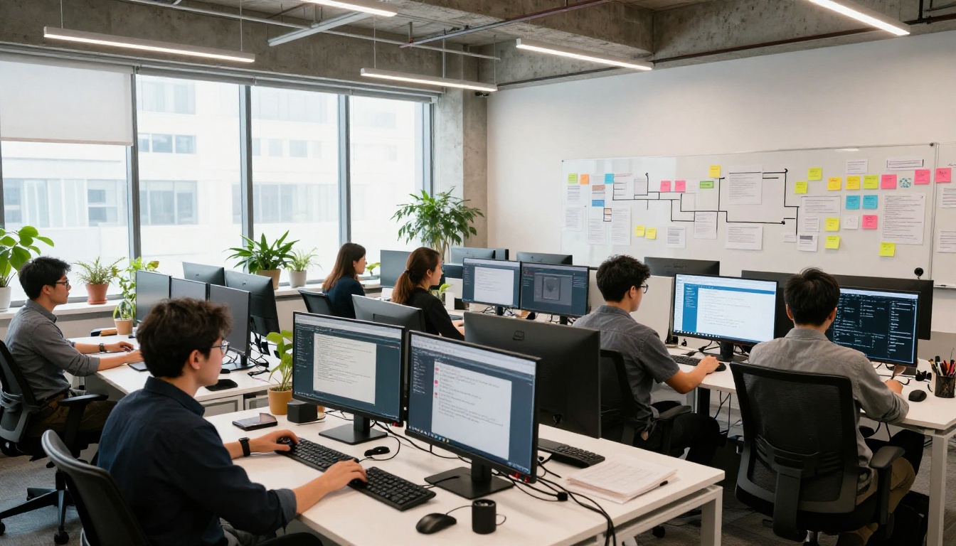 Wide establishing shot of a modern creative agency open-plan office with team members at workstations showing different AI tool interfaces on multiple screens