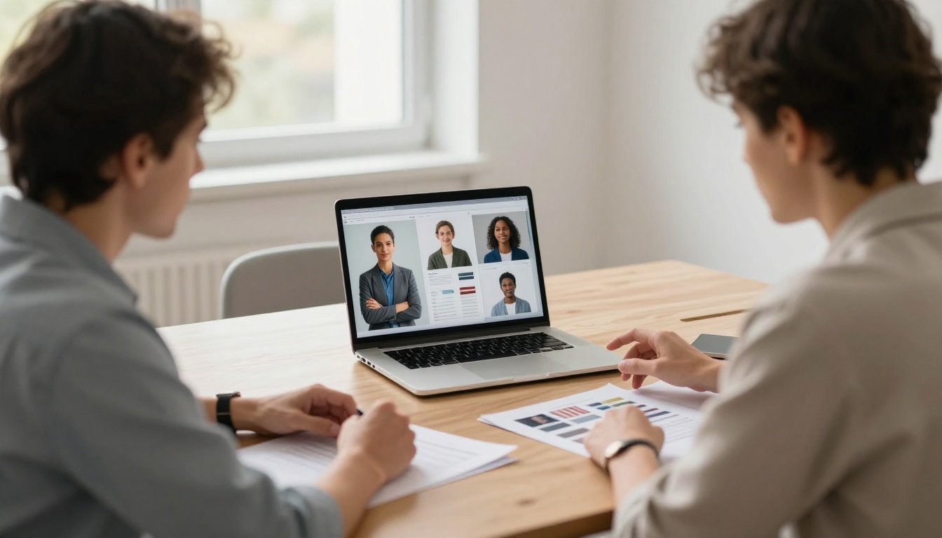 A professional graphic designer and client in discussion over AI-generated image concepts