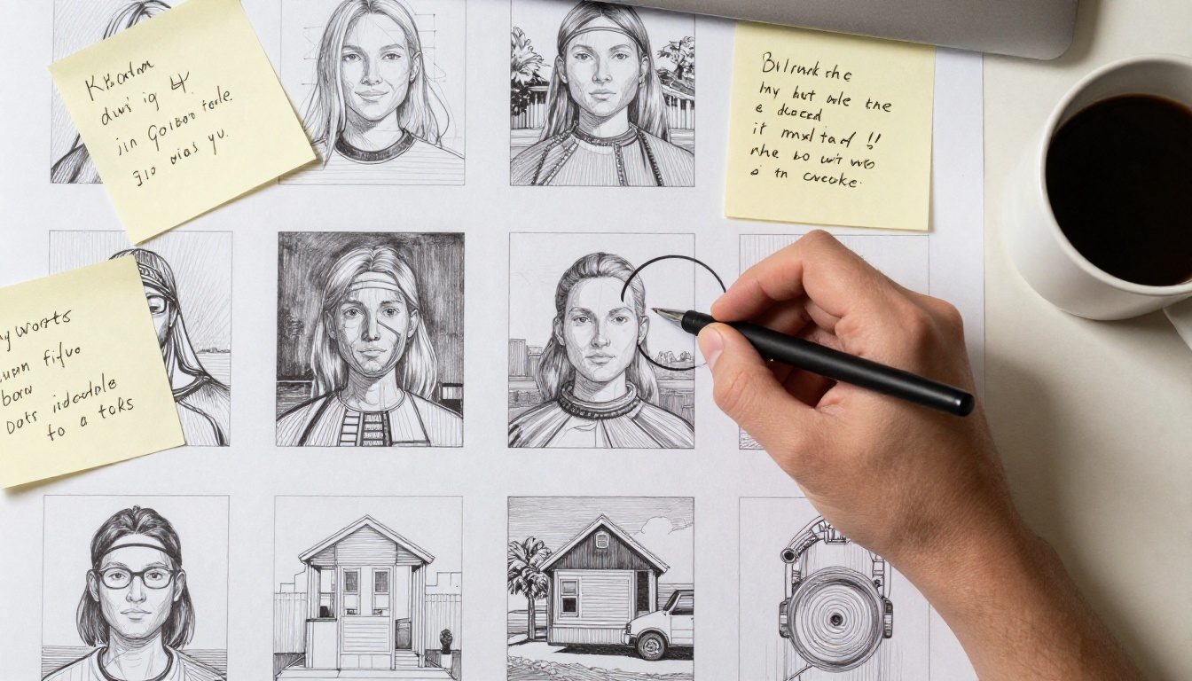 Close-up aerial overhead view of printed AI-generated image concepts on a designer's desk with handwritten feedback notes