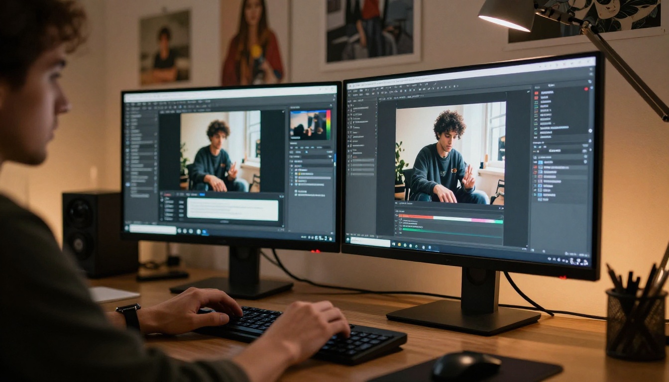 A creative professional at a workstation with two large monitors showing an AI image generation interface and multiple output options