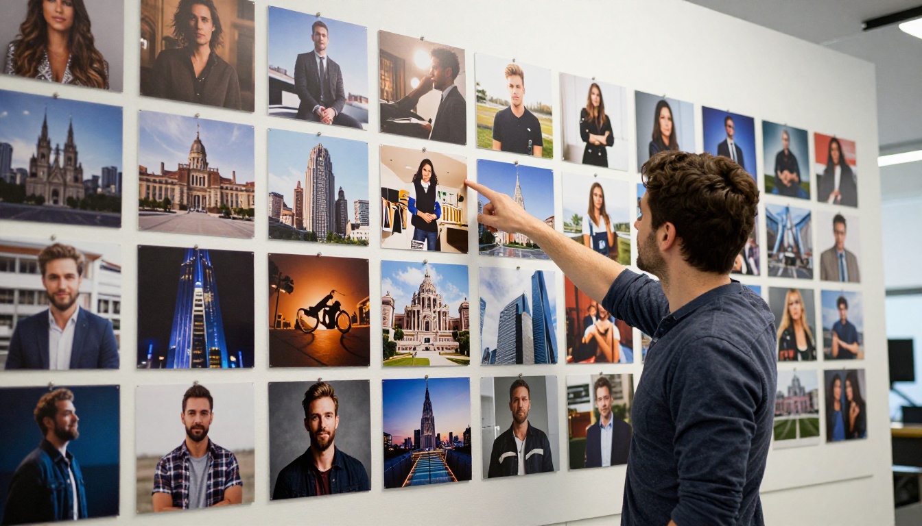 A designer standing in front of a large pinboard wall comparing and selecting from multiple AI-generated images in a bright studio