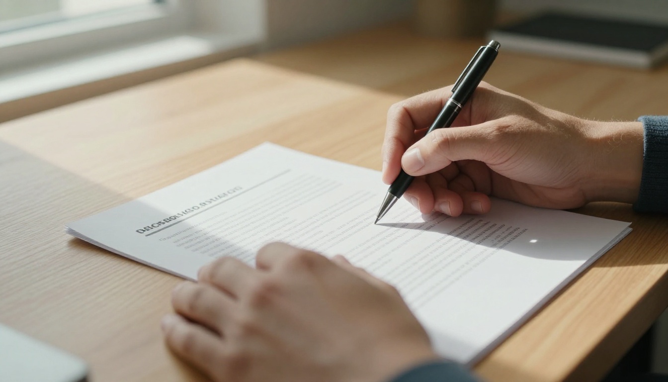 Close-up of two hands reviewing a printed contract document on a wooden desk in soft window light