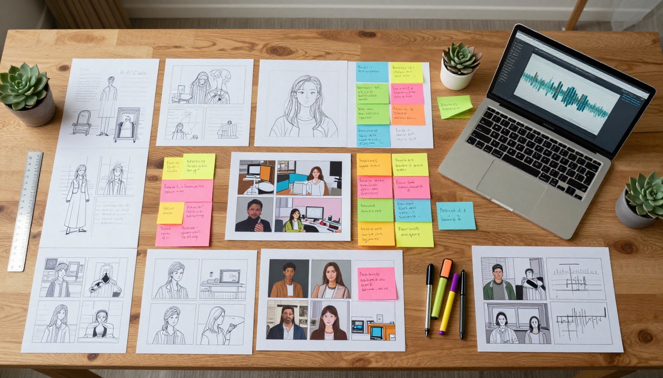 Flat lay overhead view of a creative workflow showing printed AI-generated images arranged in sequence from rough to finished, surrounded by notebooks, sticky notes, and pens on a wooden table Flat lay overhead view of a creative workflow showing printed AI-generated images arranged in sequence from rough to finished, surrounded by notebooks, sticky notes, and pens on a wooden table