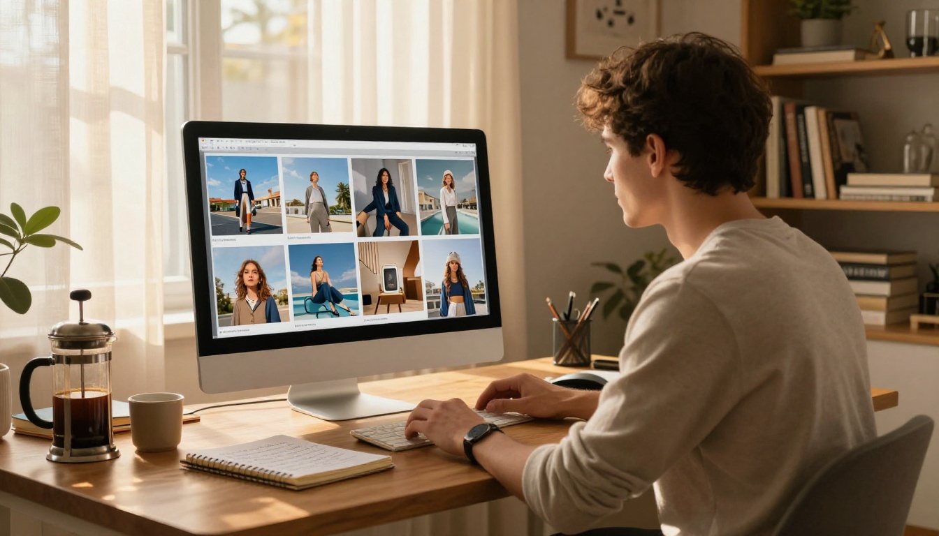 A freelance designer working from a bright home office reviewing multiple AI-generated image options on a large monitor with warm afternoon light