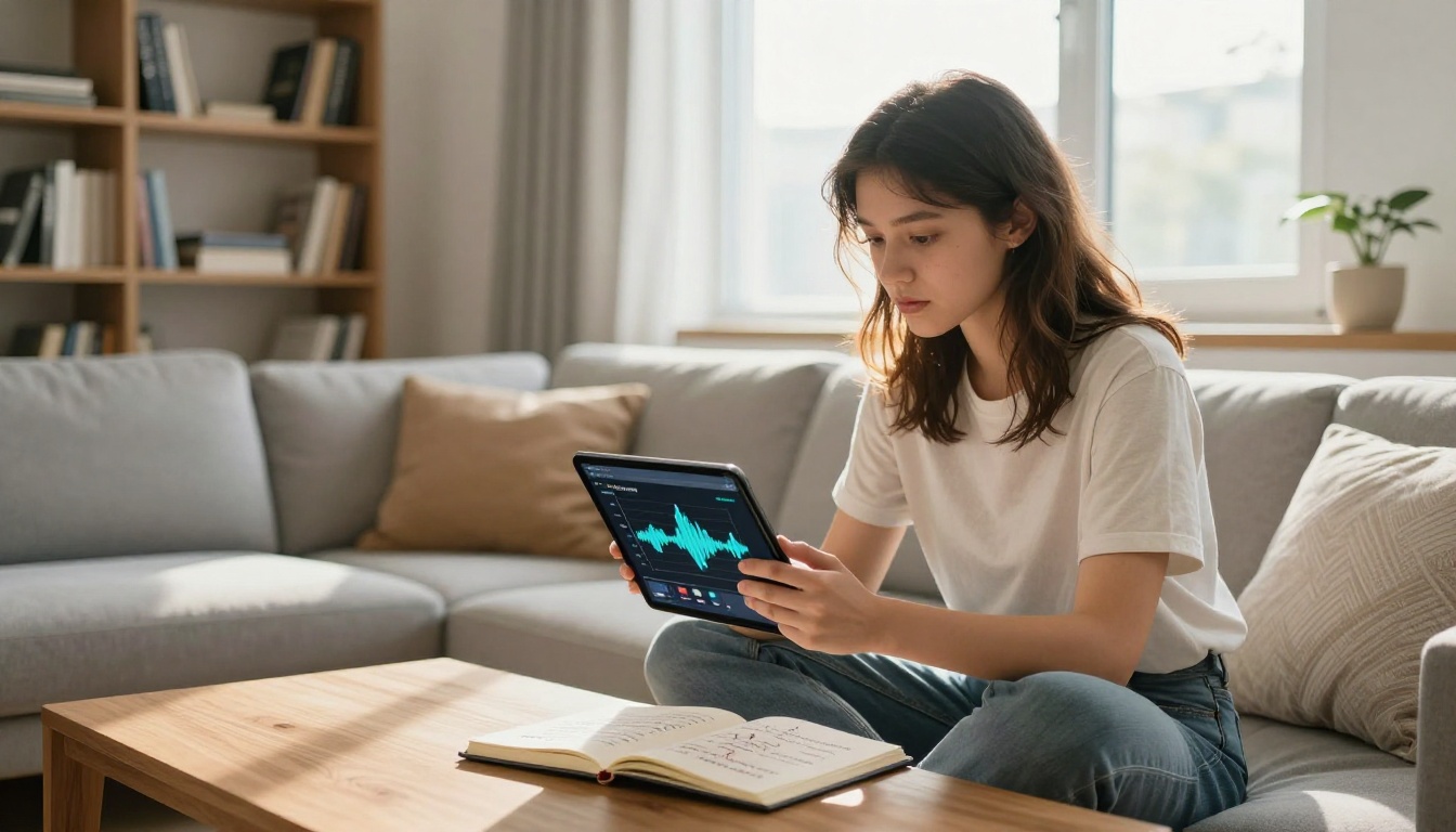 A woman sitting comfortably on a sofa using a tablet displaying a text-to-speech AI interface with waveform visualization and voice selection options A woman sitting comfortably on a sofa using a tablet displaying a text-to-speech AI interface with waveform visualization and voice selection options