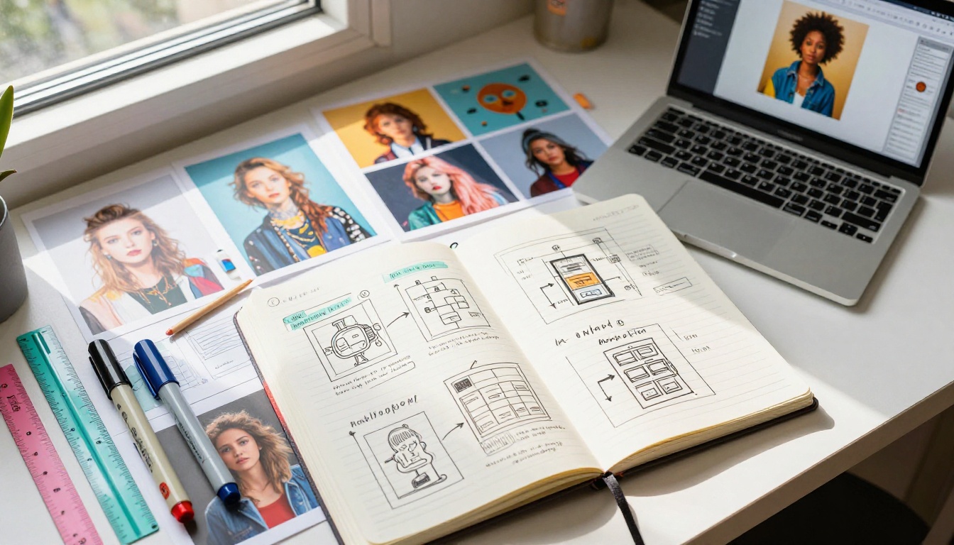 Overhead flat-lay of a creative professional's project planning setup with notebooks, printed AI images, markers, and a laptop