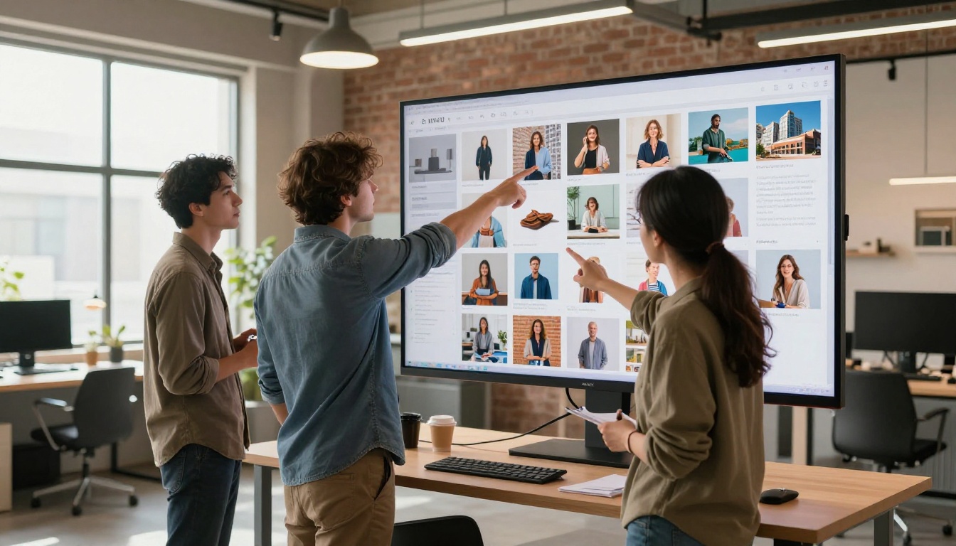 A creative team of three professionals gathered around a standing desk reviewing AI-generated marketing images on a wall monitor in a bright modern studio