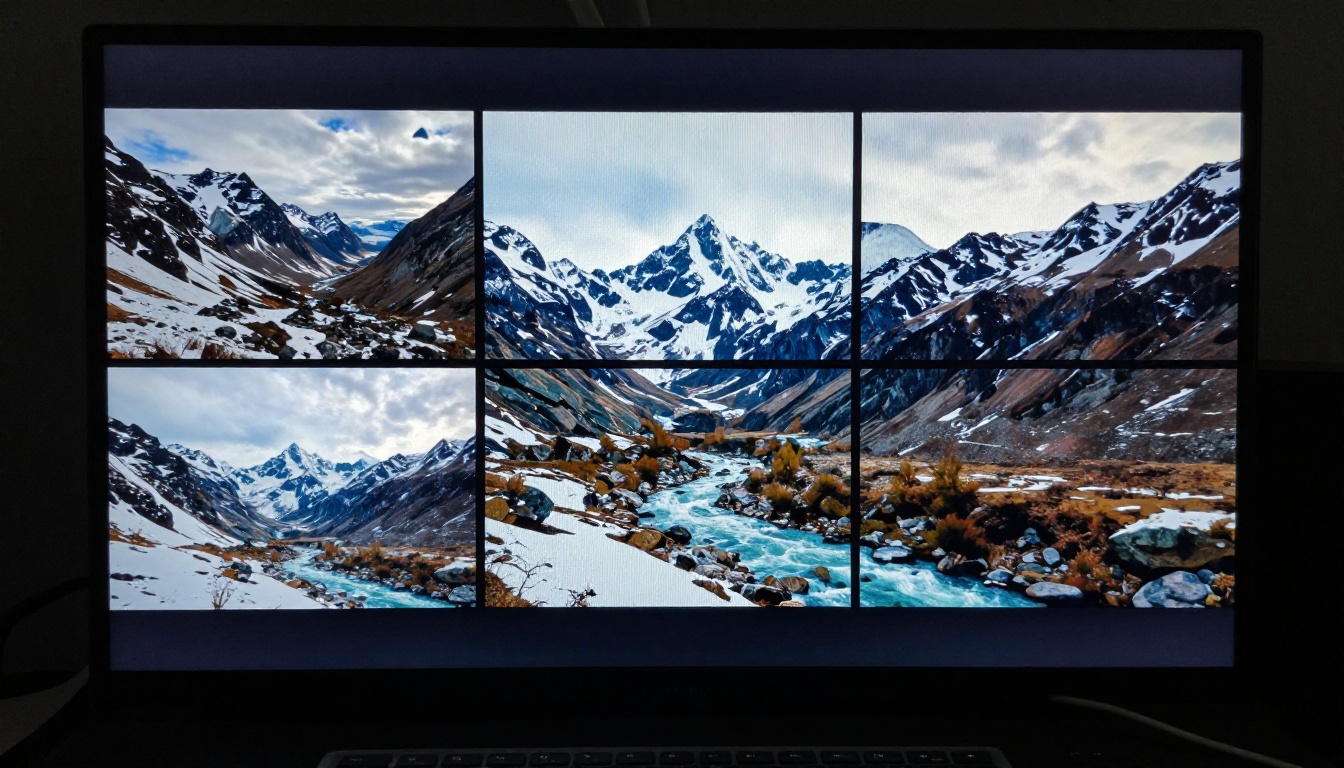 Extreme close-up of a 4K cinema monitor displaying ultra-sharp AI-generated video frames of a mountain valley Extreme close-up of a 4K cinema monitor displaying ultra-sharp AI-generated video frames of a mountain valley