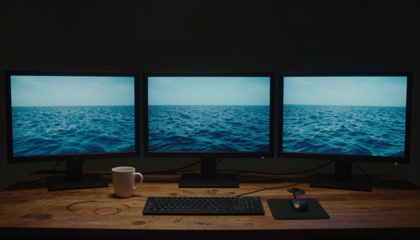 Three monitors in a dark post-production studio showing progressively smoother AI video motion quality from left to right Three monitors in a dark post-production studio showing progressively smoother AI video motion quality from left to right
