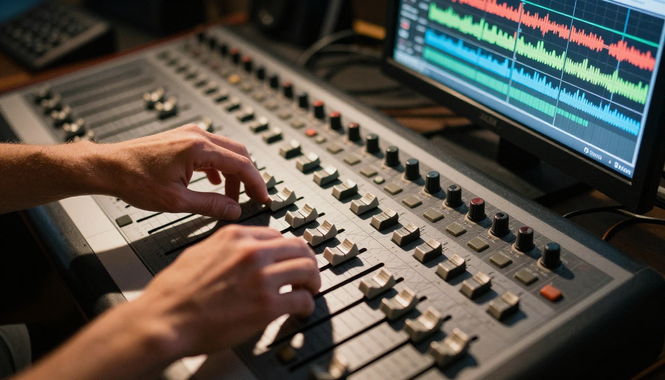 A sound engineer adjusting analog audio mixing board faders with video waveforms visible on a nearby monitor A sound engineer adjusting analog audio mixing board faders with video waveforms visible on a nearby monitor