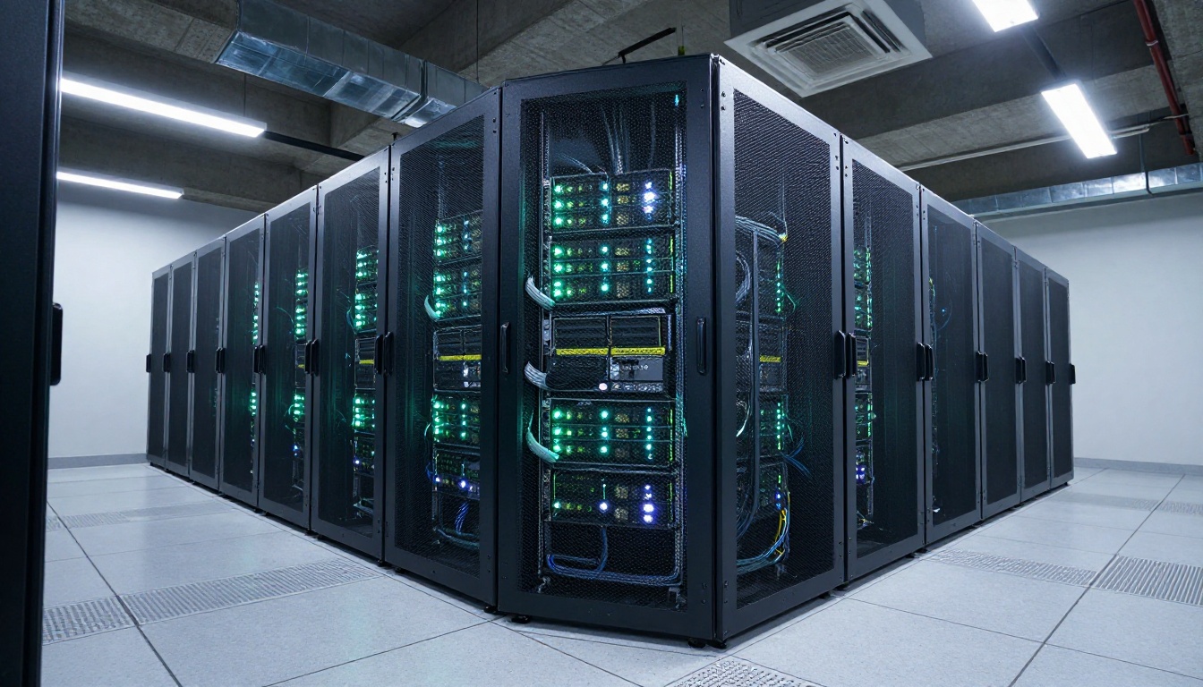 Low-angle wide shot of server racks in a large data center with GPUs processing video generation workloads Low-angle wide shot of server racks in a large data center with GPUs processing video generation workloads
