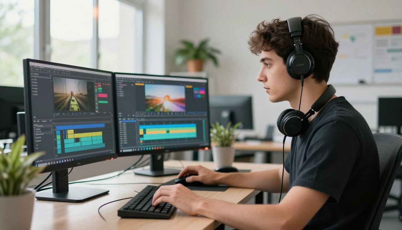 A young male video editor working at a standing desk with dual monitors showing a colorful video editing timeline A young male video editor working at a standing desk with dual monitors showing a colorful video editing timeline