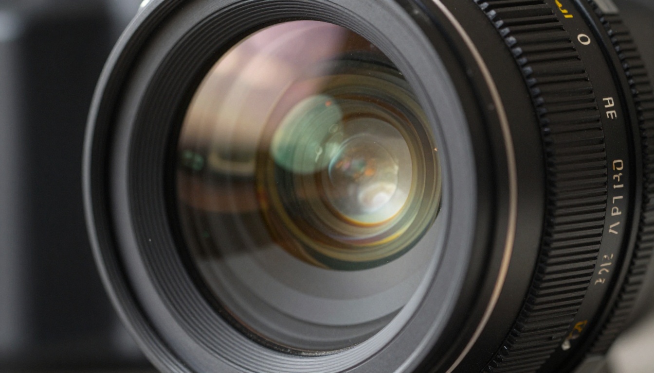 Extreme close-up macro shot of a professional cinema camera lens element with optical reflections and engraved markings