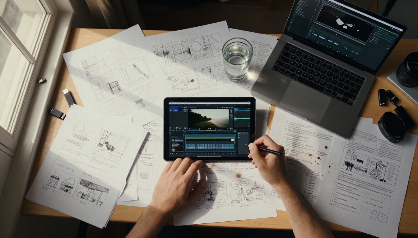 Overhead bird's-eye view of a filmmaker's desk with storyboard frames, tablet, laptop, USB drives, and handwritten notes