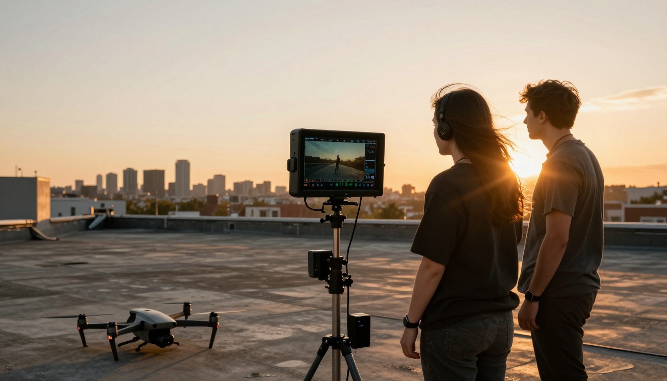 A small production team on an urban rooftop at golden hour reviewing footage on a field monitor with a city skyline visible