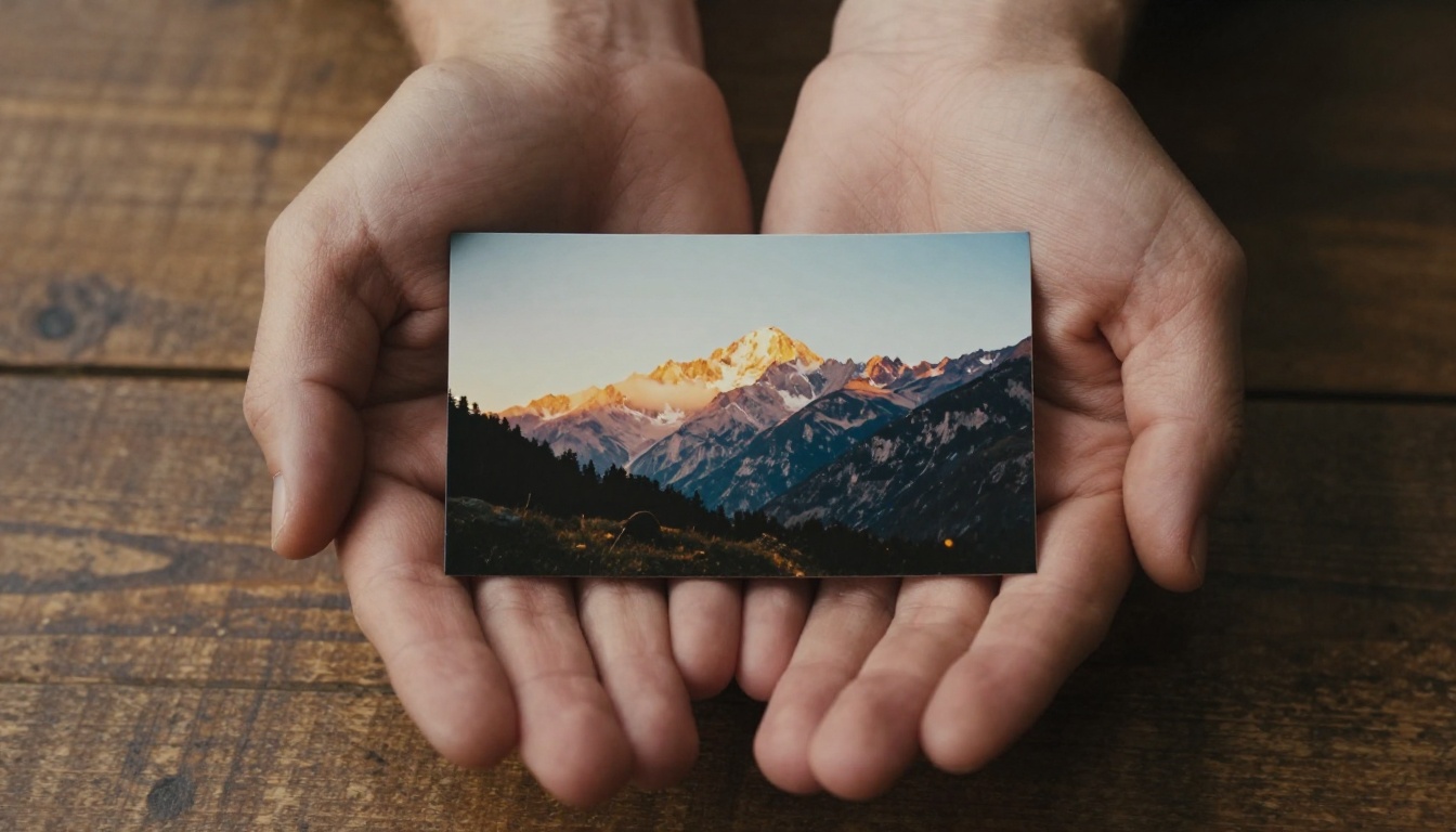 A photographer studying a print photograph in warm afternoon light, holding it carefully with both hands