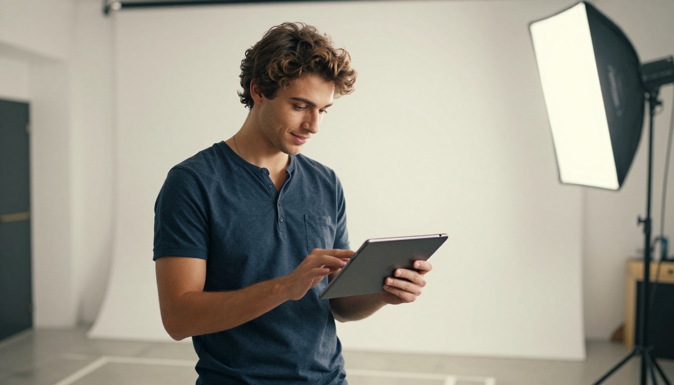 A young filmmaker reviewing footage on a tablet in a bright modern studio