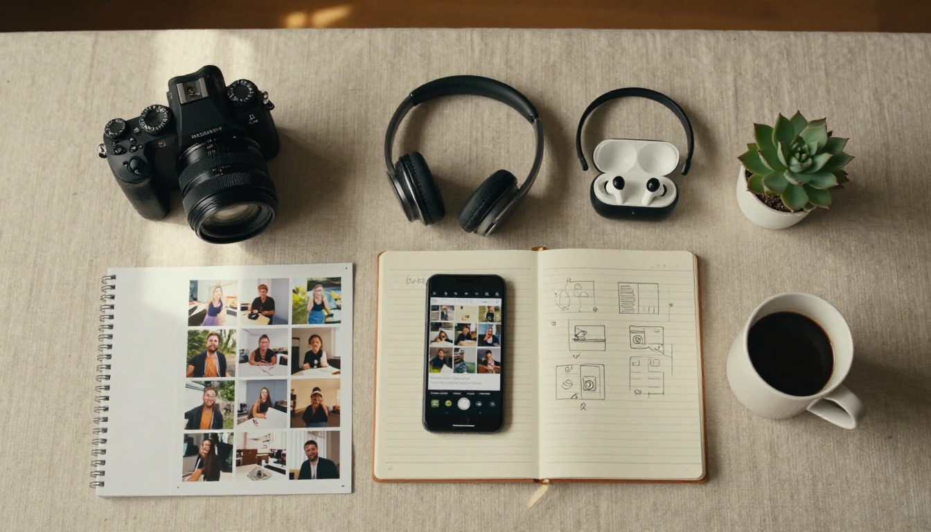 Aerial flatlay of a content creator's workspace with camera, contact sheets, notebook, and planning materials