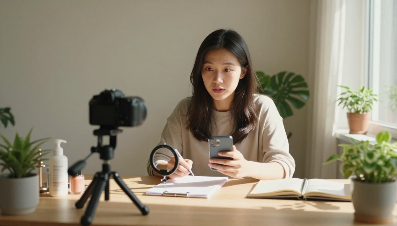 A female content creator recording a product review in a naturally lit apartment