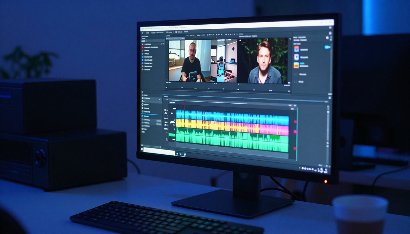 Low-angle view of a professional video editing timeline on a monitor in a dim editing suite