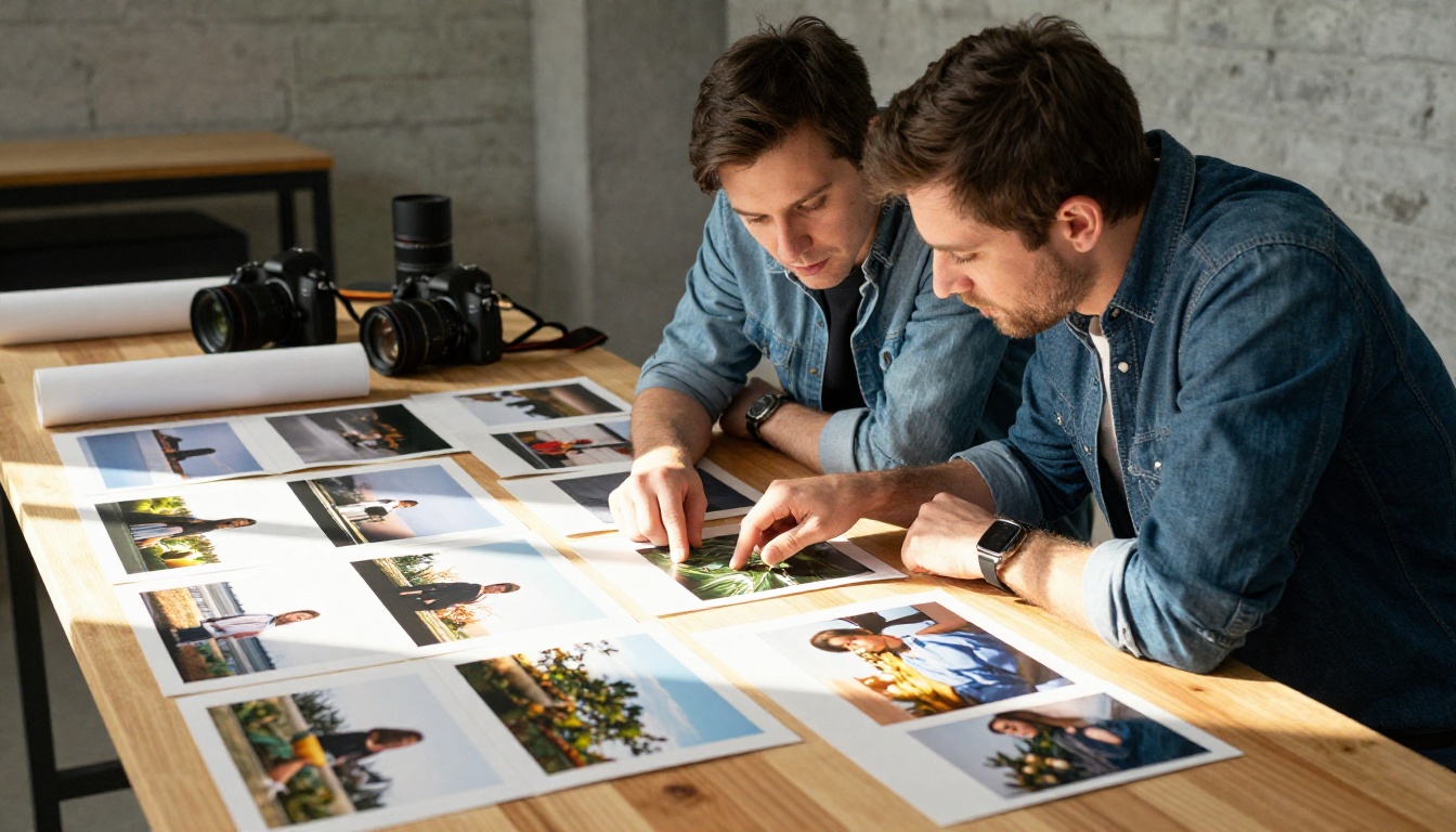 Two professional photographers collaborating over printed landscape photographs at a studio table