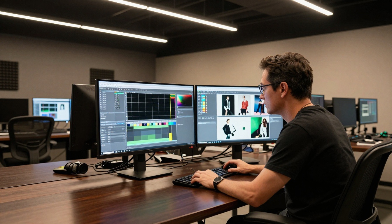 A professional photographer in a color grading suite reviewing footage on calibrated monitors