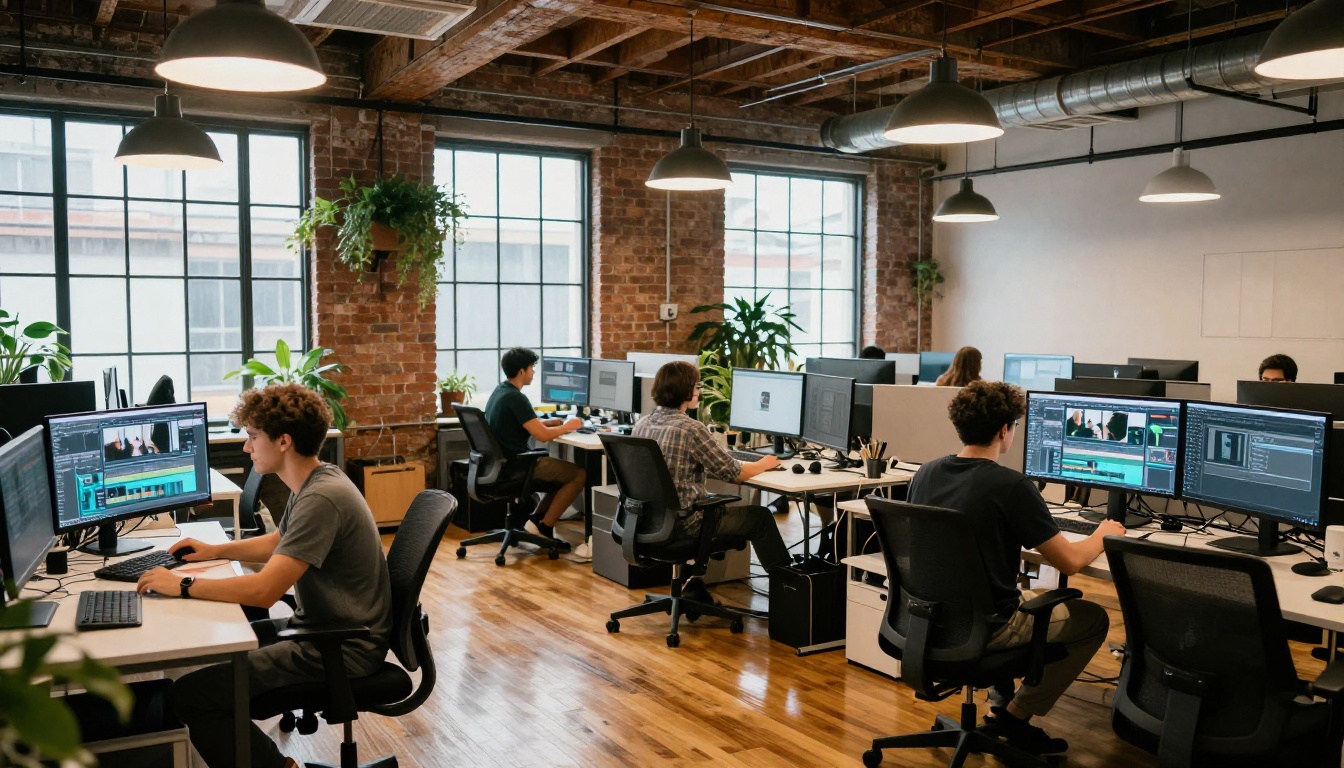 Wide view of a creative agency office with multiple creators working at video production workstations