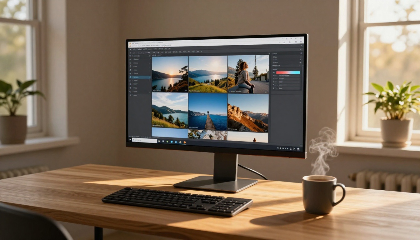 Modern home office with an ultrawide monitor displaying a photo generation interface with multiple photorealistic images in a grid, warm afternoon light Modern home office with an ultrawide monitor displaying a photo generation interface with multiple photorealistic images in a grid, warm afternoon light