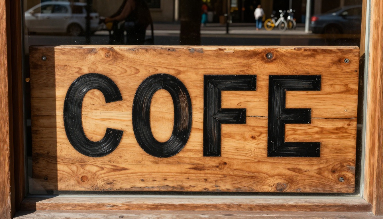 Photorealistic cafe storefront wooden sign with crisp, perfectly-formed readable typography generated by an AI image model Photorealistic cafe storefront wooden sign with crisp, perfectly-formed readable typography generated by an AI image model
