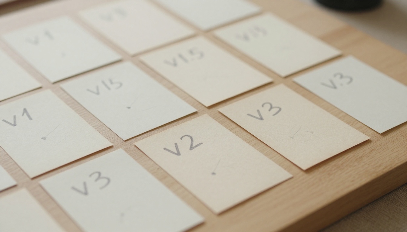 Version timeline cards arranged chronologically on a wooden surface