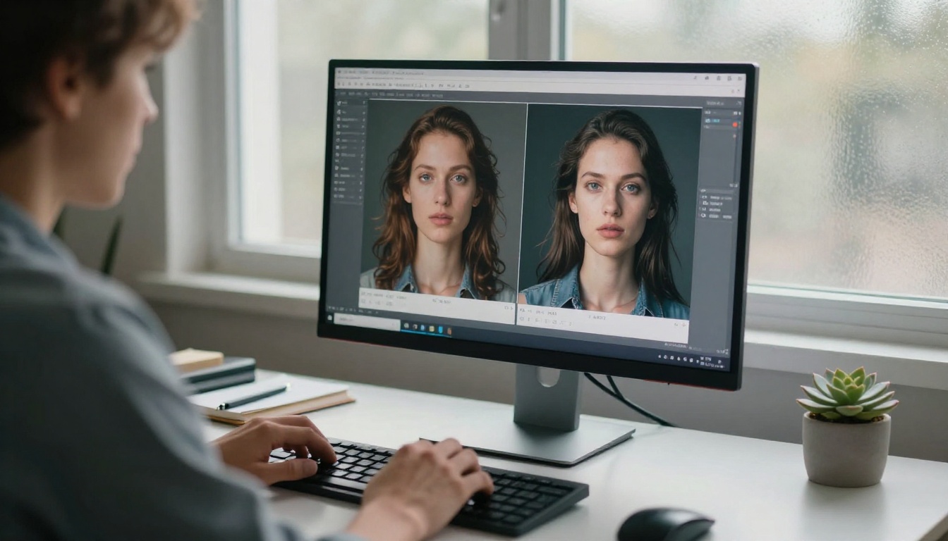 Researcher at a desk comparing AI model outputs on dual monitors