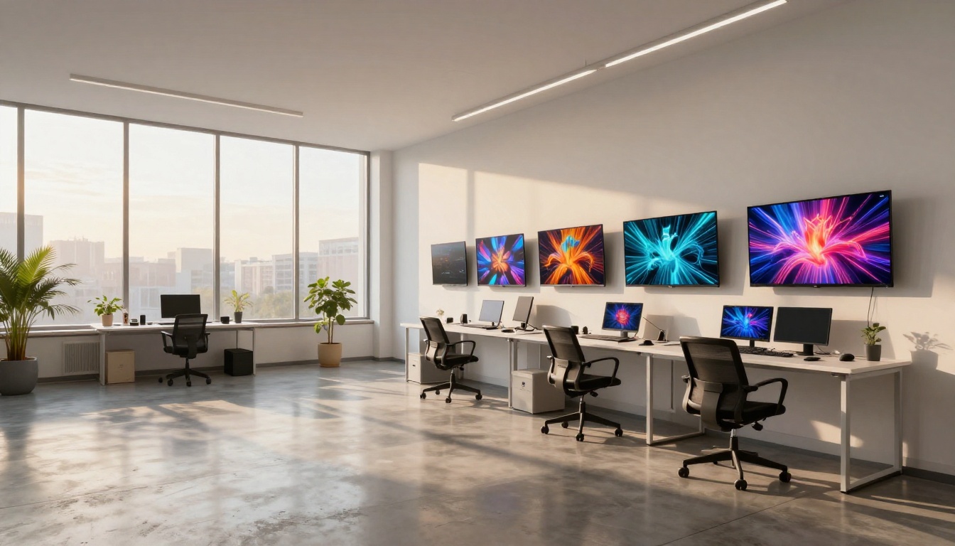 Open-plan creative studio with multiple AI artwork displays on walls