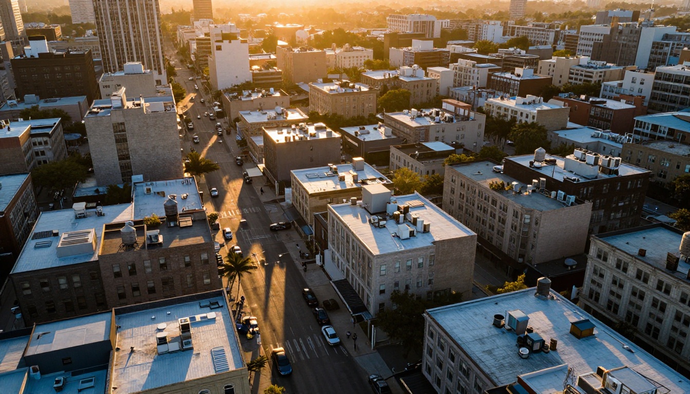 Aerial drone photography of a dense urban neighborhood at golden hour with photorealistic building textures, long shadows, and pedestrians visible on streets below