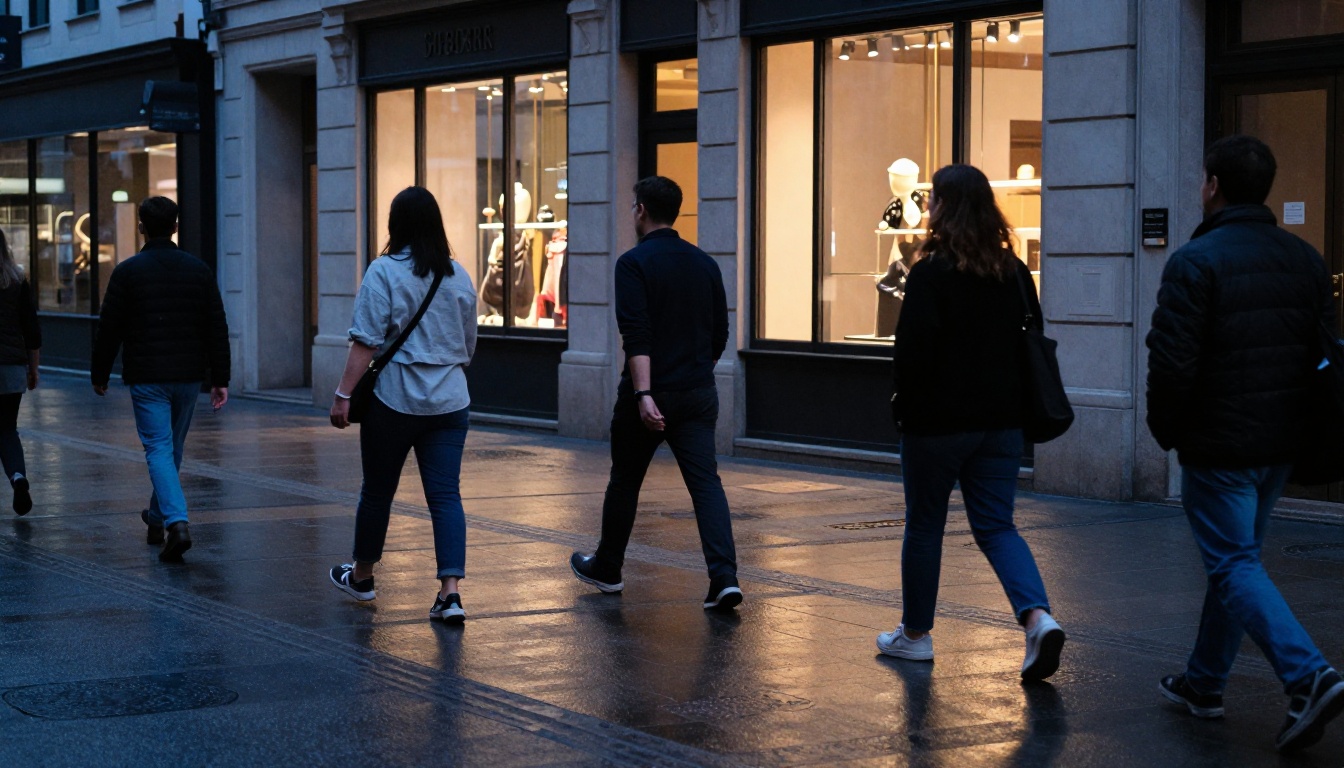 Photorealistic urban street scene at twilight blue hour with multiple distinct pedestrians in mid-stride, each with unique clothing and natural body language Photorealistic urban street scene at twilight blue hour with multiple distinct pedestrians in mid-stride, each with unique clothing and natural body language