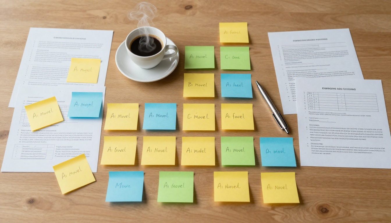 Overhead brainstorming table with sticky notes and AI planning charts