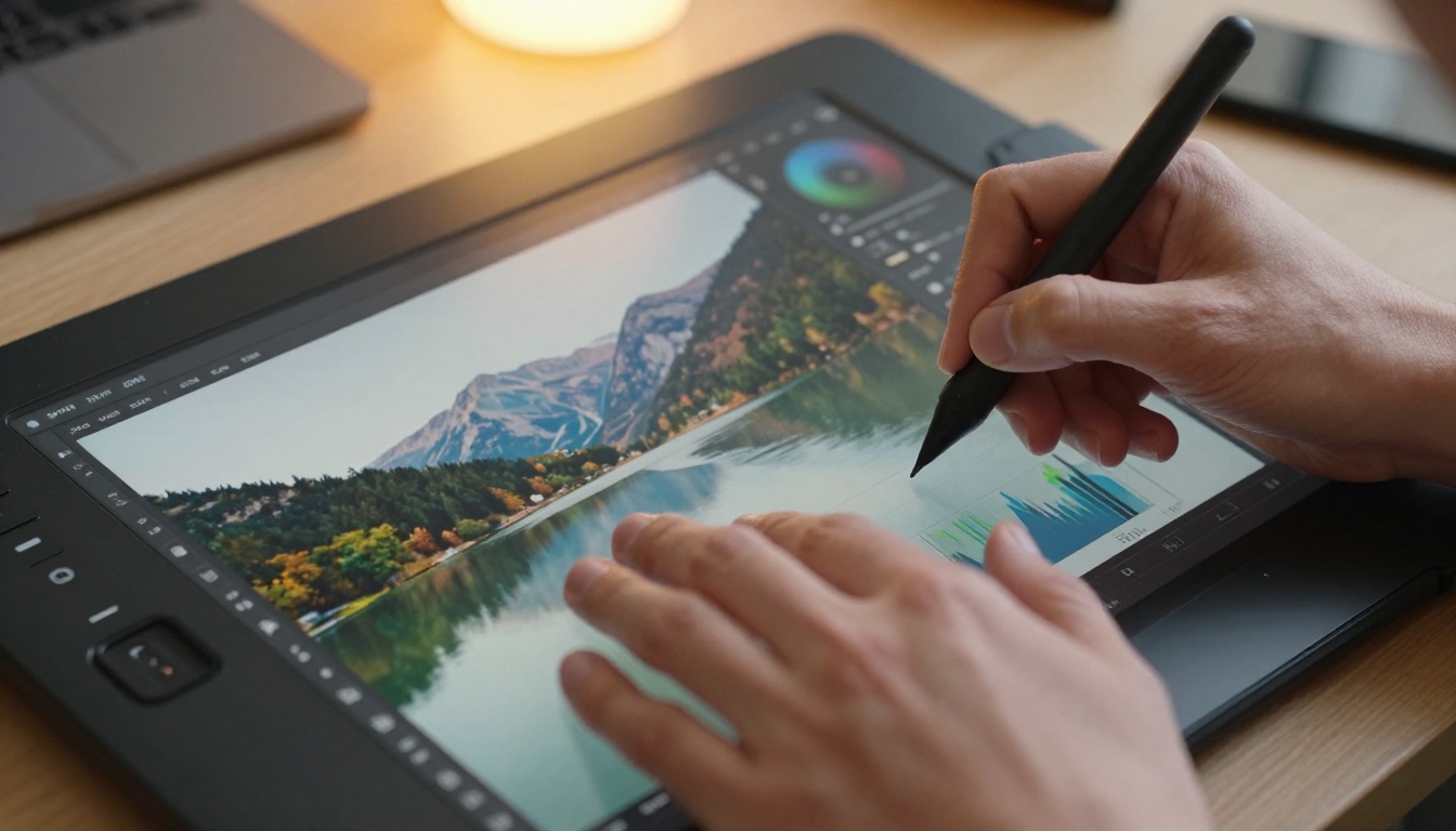 Close-up of creative professional hands using a stylus on a graphics tablet for precise AI image editing adjustments, warm desk lamp lighting from the left