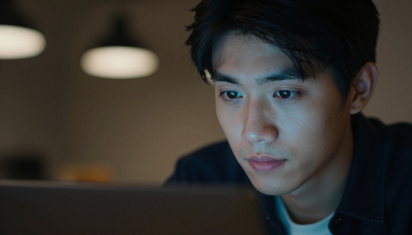 Young creative professional studying AI model outputs in a dimly lit room