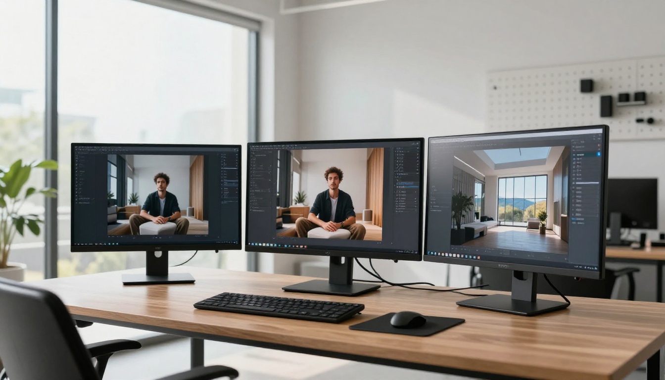 Professional creative studio with three monitors displaying different AI-generated photorealistic images from a clean multi-monitor workspace in natural daylight