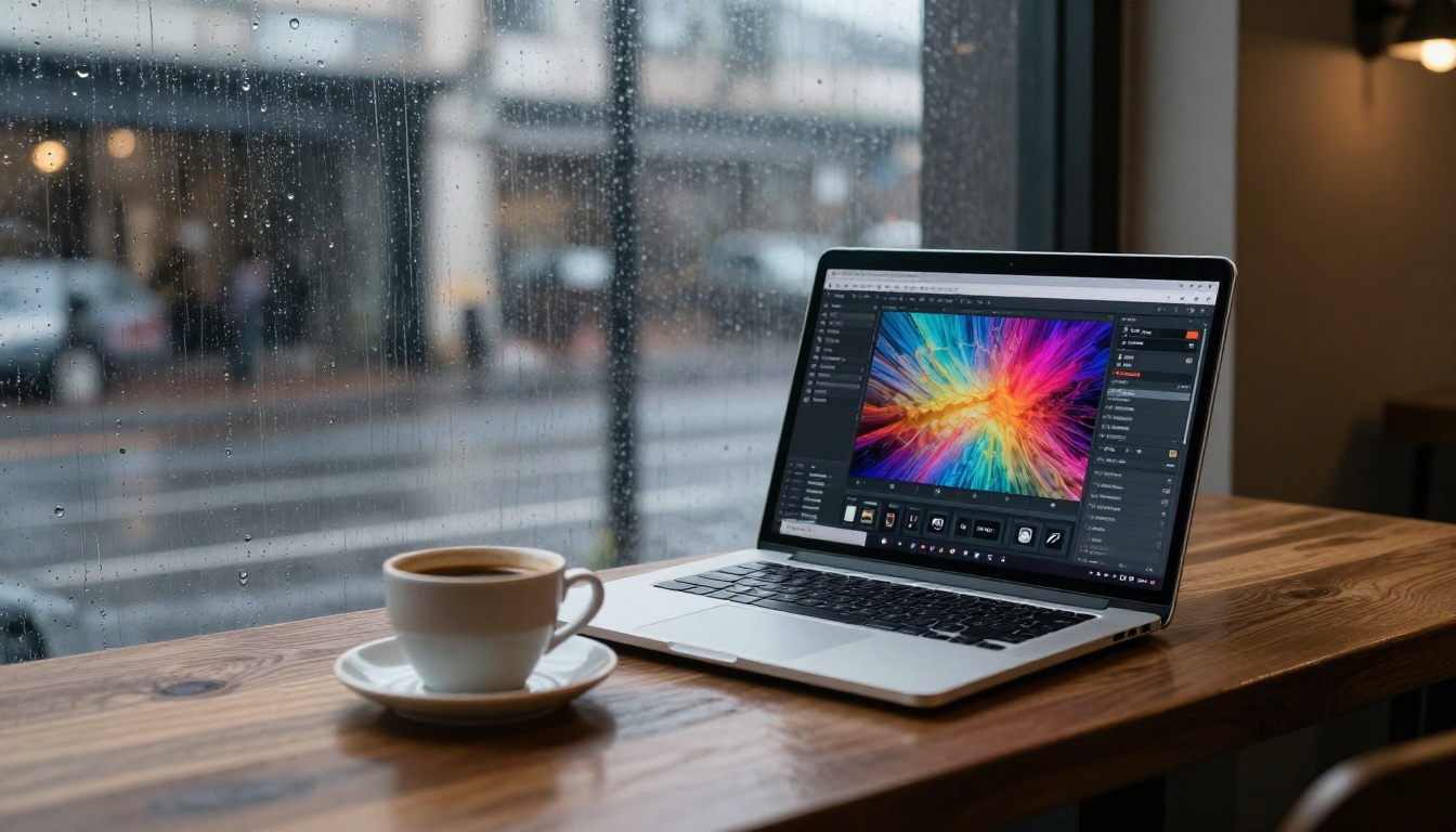 Laptop open in a rainy coffee shop displaying an AI generation interface