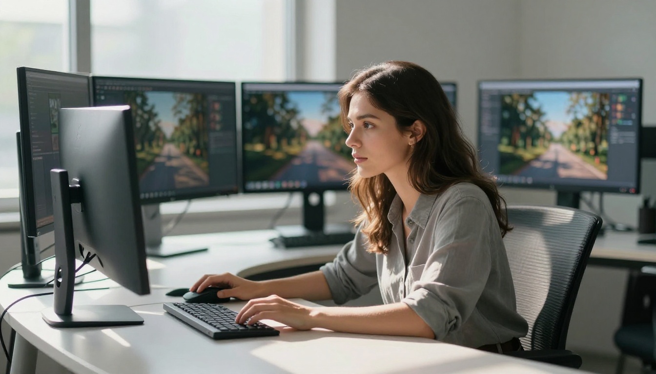 Young woman creative professional at a multi-screen workstation with bright morning studio light generating photorealistic AI images, looking focused and engaged