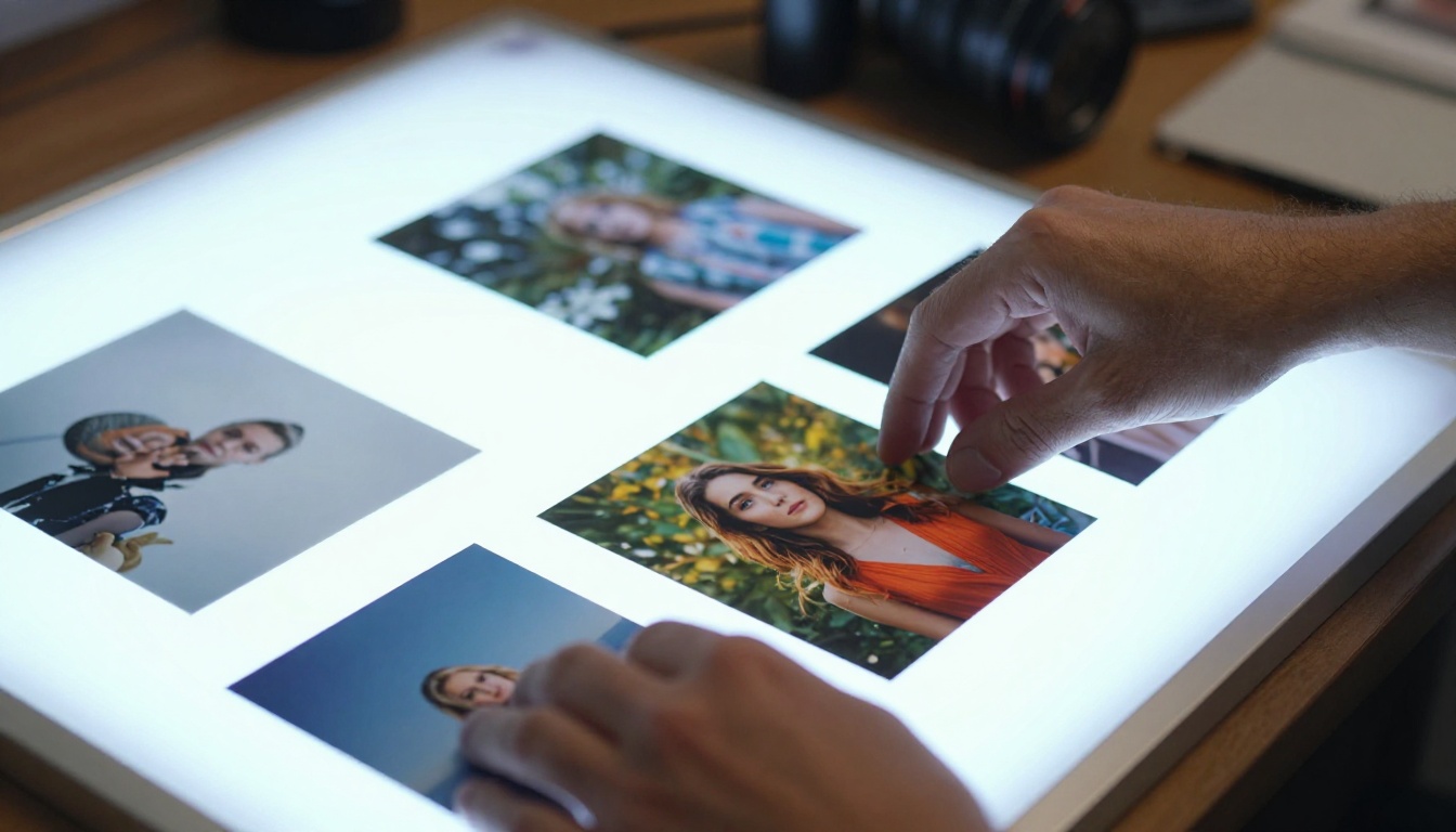 Hands carefully comparing printed photographs on a studio light box