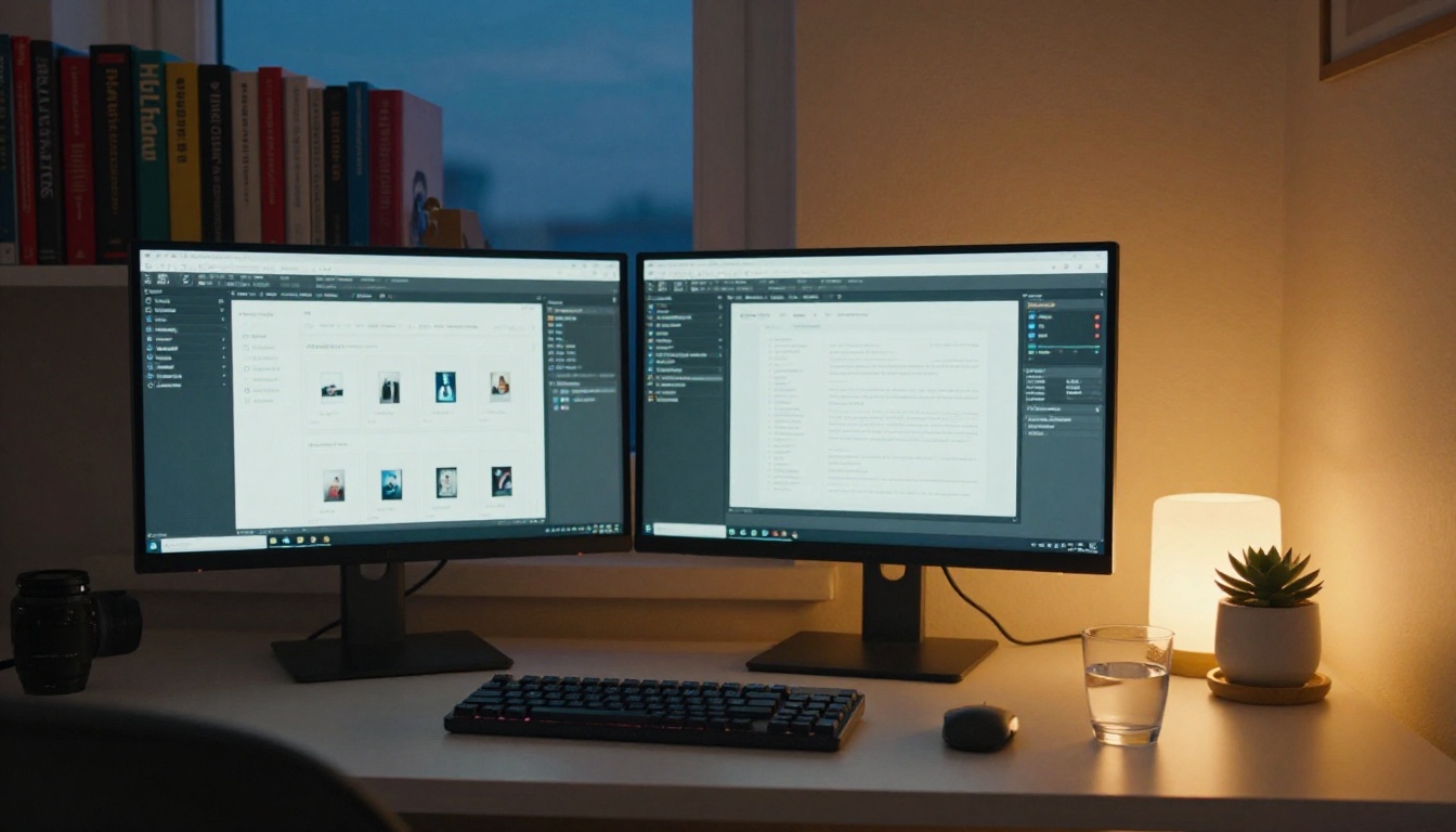 Home office at dusk with AI model selection interface on dual monitors