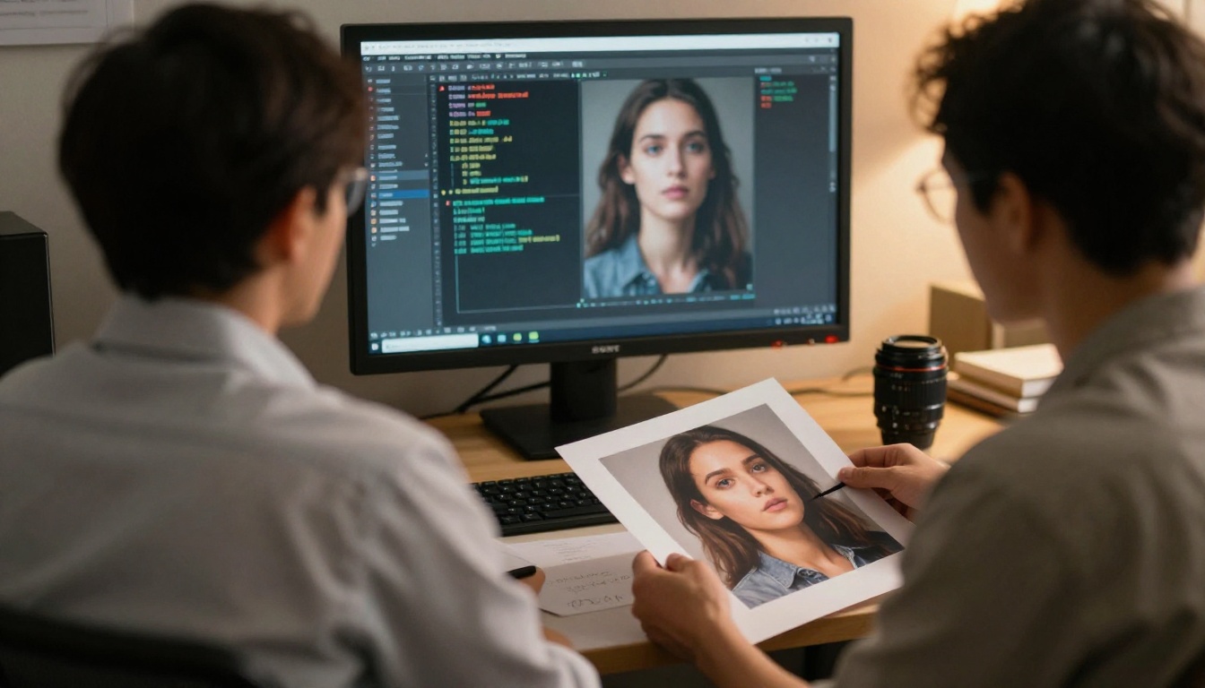 A data scientist comparing two image printouts at a desk